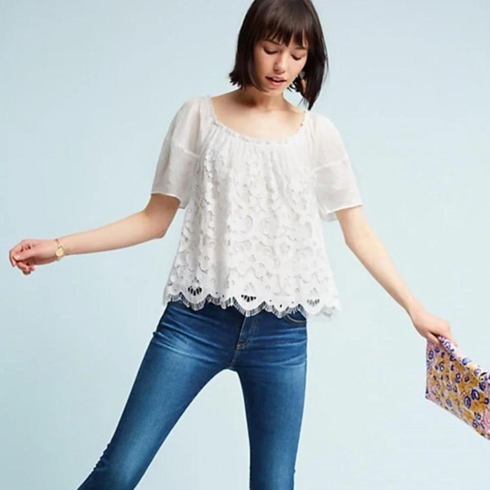 NWT Anthroplogie Moulinette Soeurs Messina White Puffsleeve Lace Top Size L - Picture 8 of 16